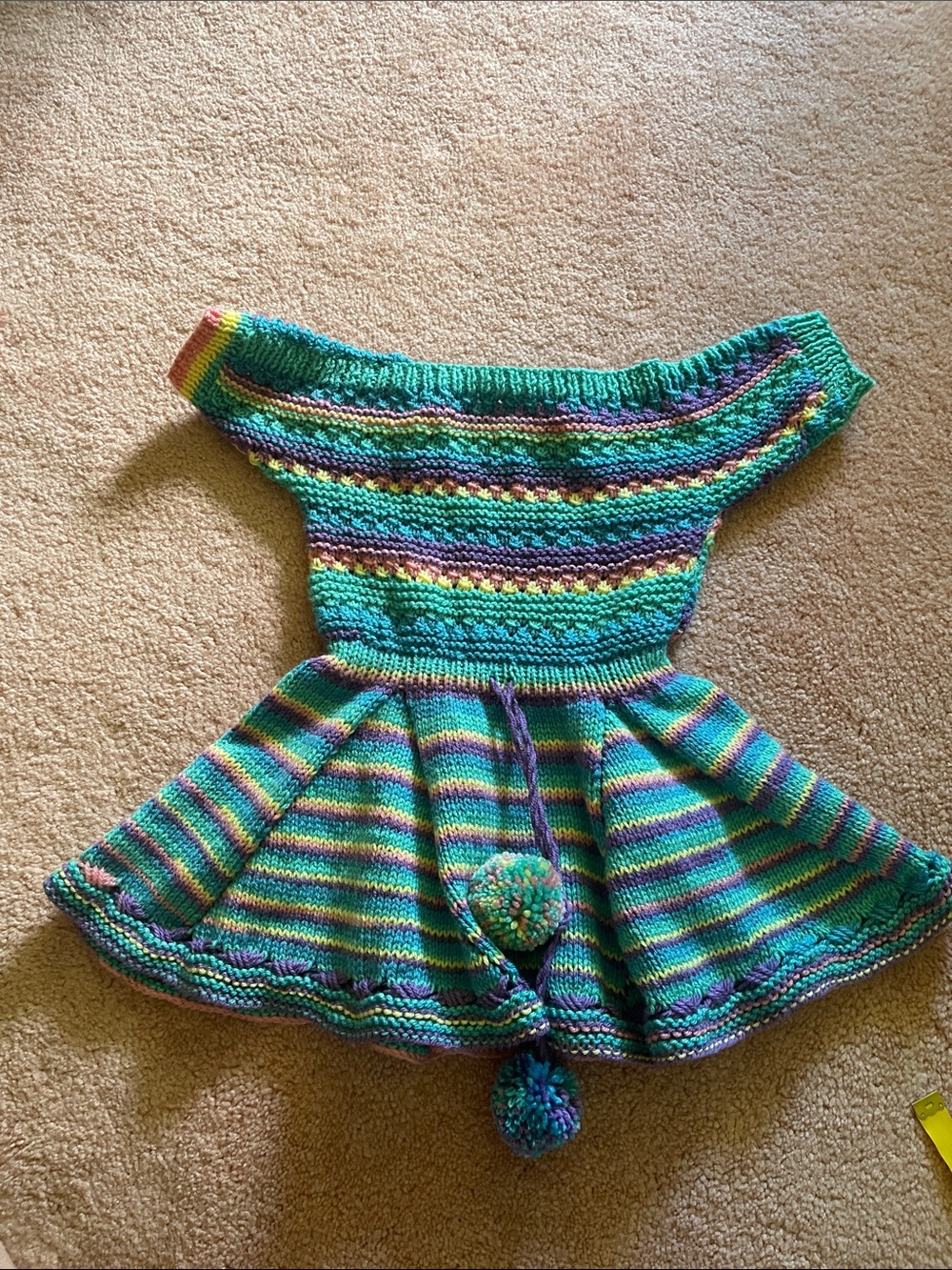 Handmade Striped Knit Sweater Dress in Teal, Purple & Yellow
